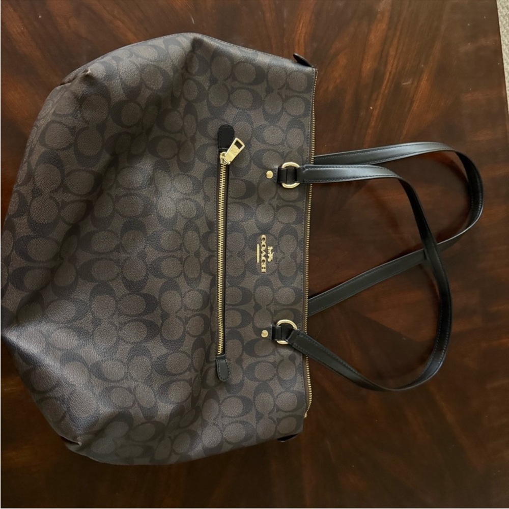 Coach Brown Signature Canvas Tote with Black Straps - Picture 2 of 12